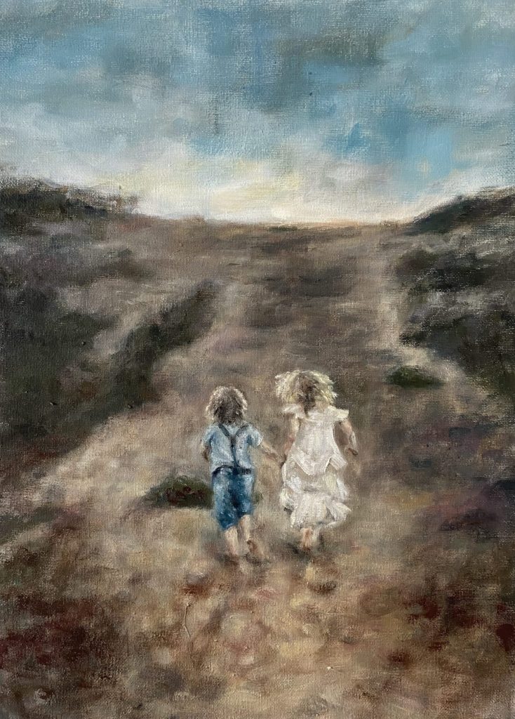 Oil painting of kids running