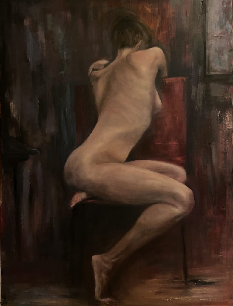 Oil painting of a nude girl looking away