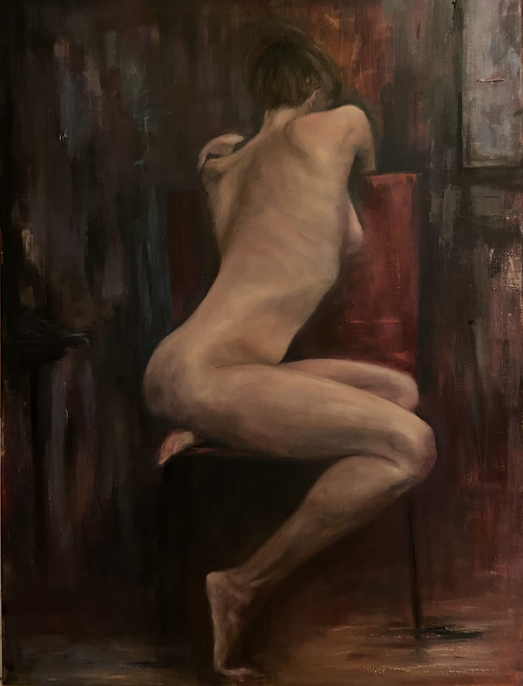 Oil painting of a nude girl looking away