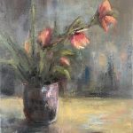 impressionism painting of a Plant pot with flowers looking towards the light