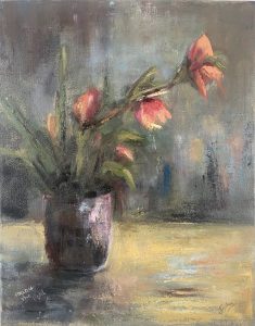 impressionism painting of a Plant pot with flowers looking towards the light