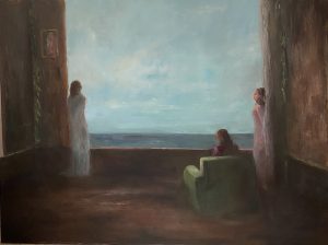 Painting of three women in silent conversation