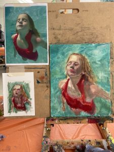 swimming girl portrait oil painting